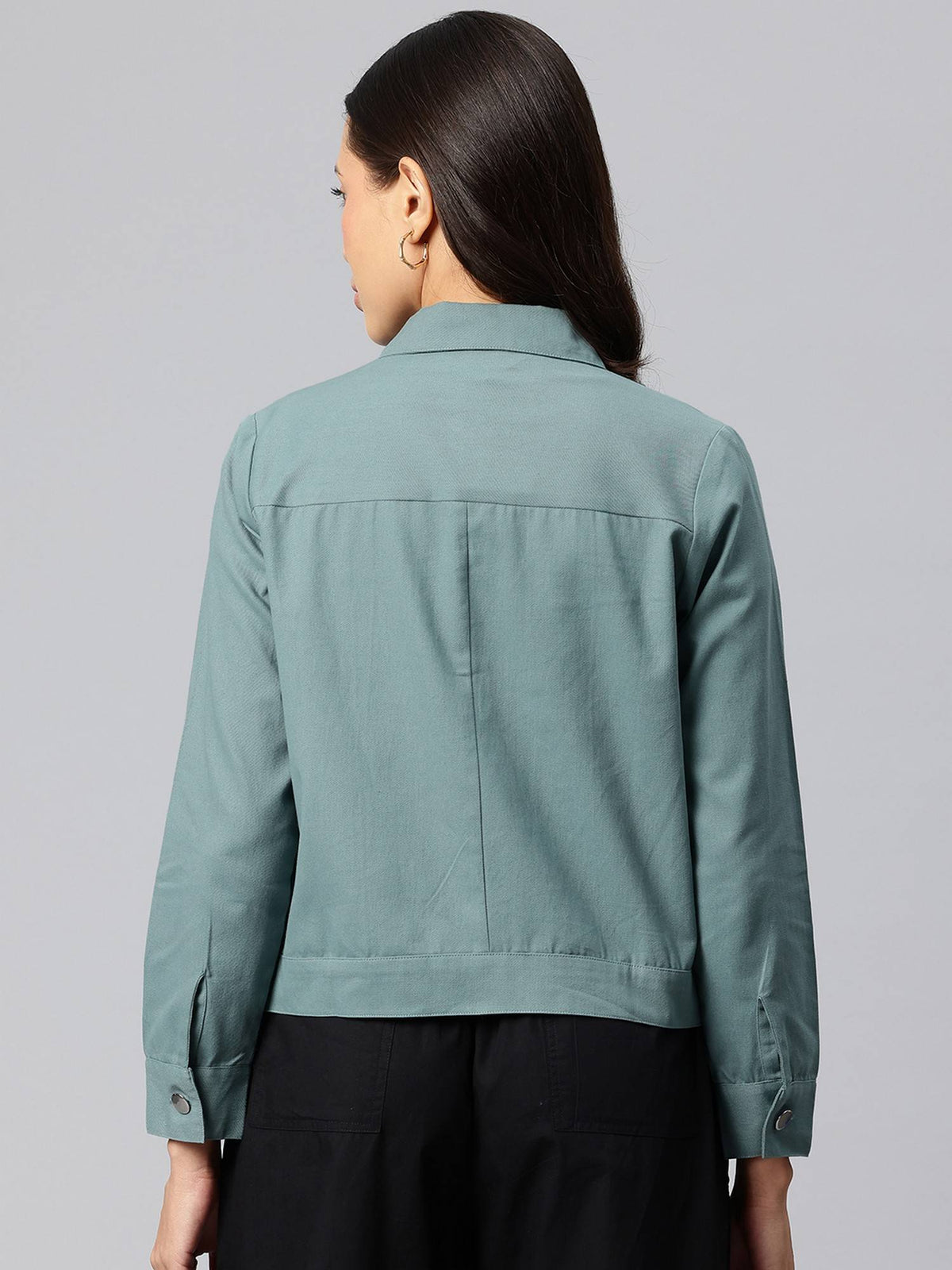 Women's Teal Solid Pure Cotton Denim Jacket | JC78 - view 2