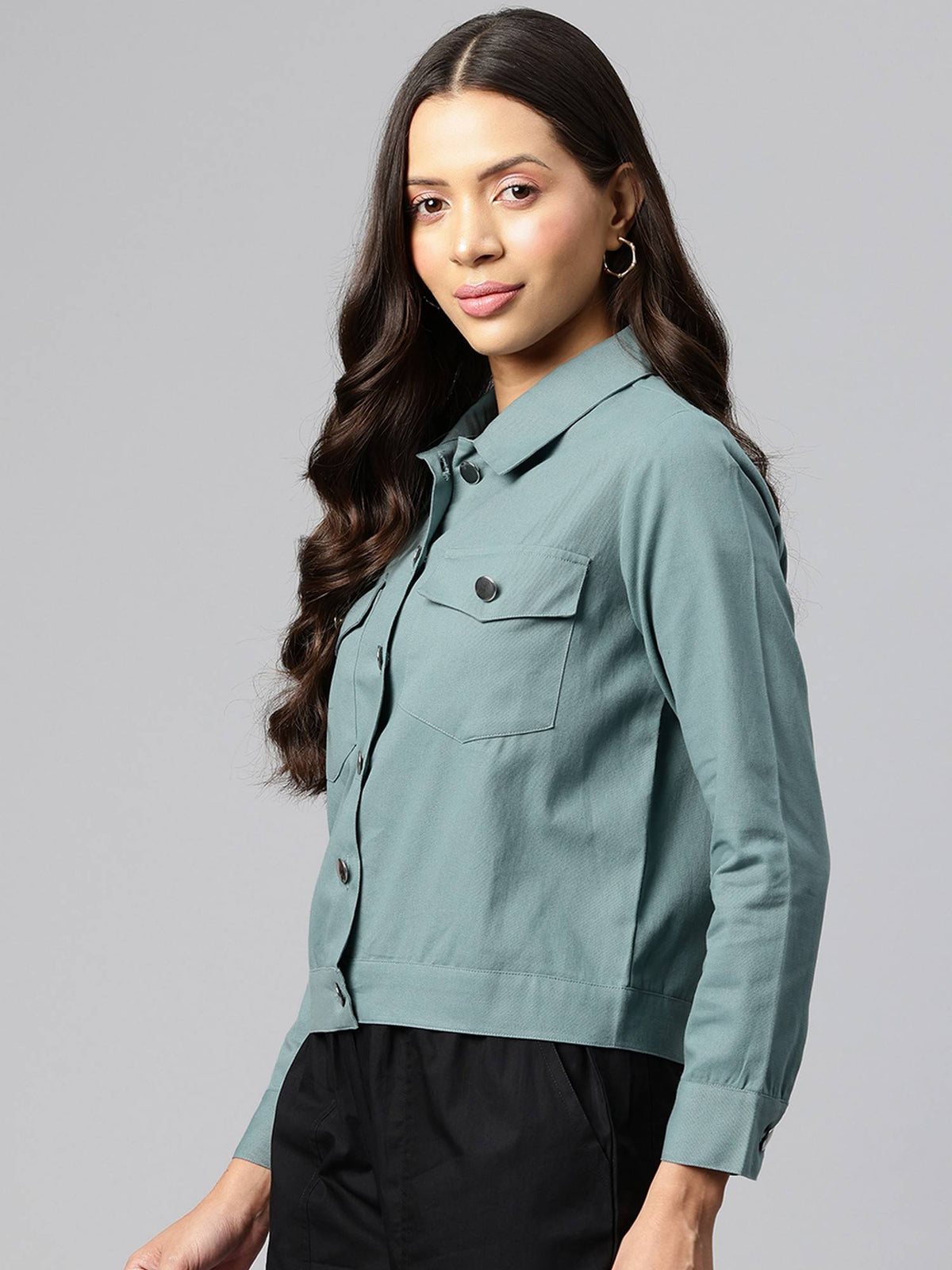 Women's Teal Solid Pure Cotton Denim Jacket | JC78 - view 3