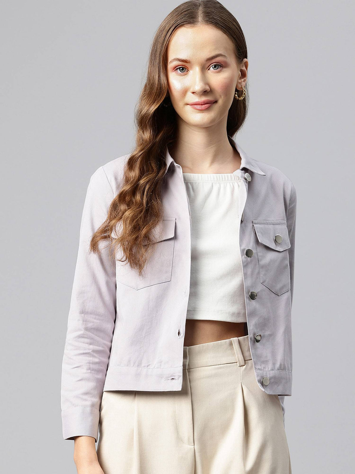 Women's Taupe Solid Pure Cotton Denim Jacket | JC78 - view 29