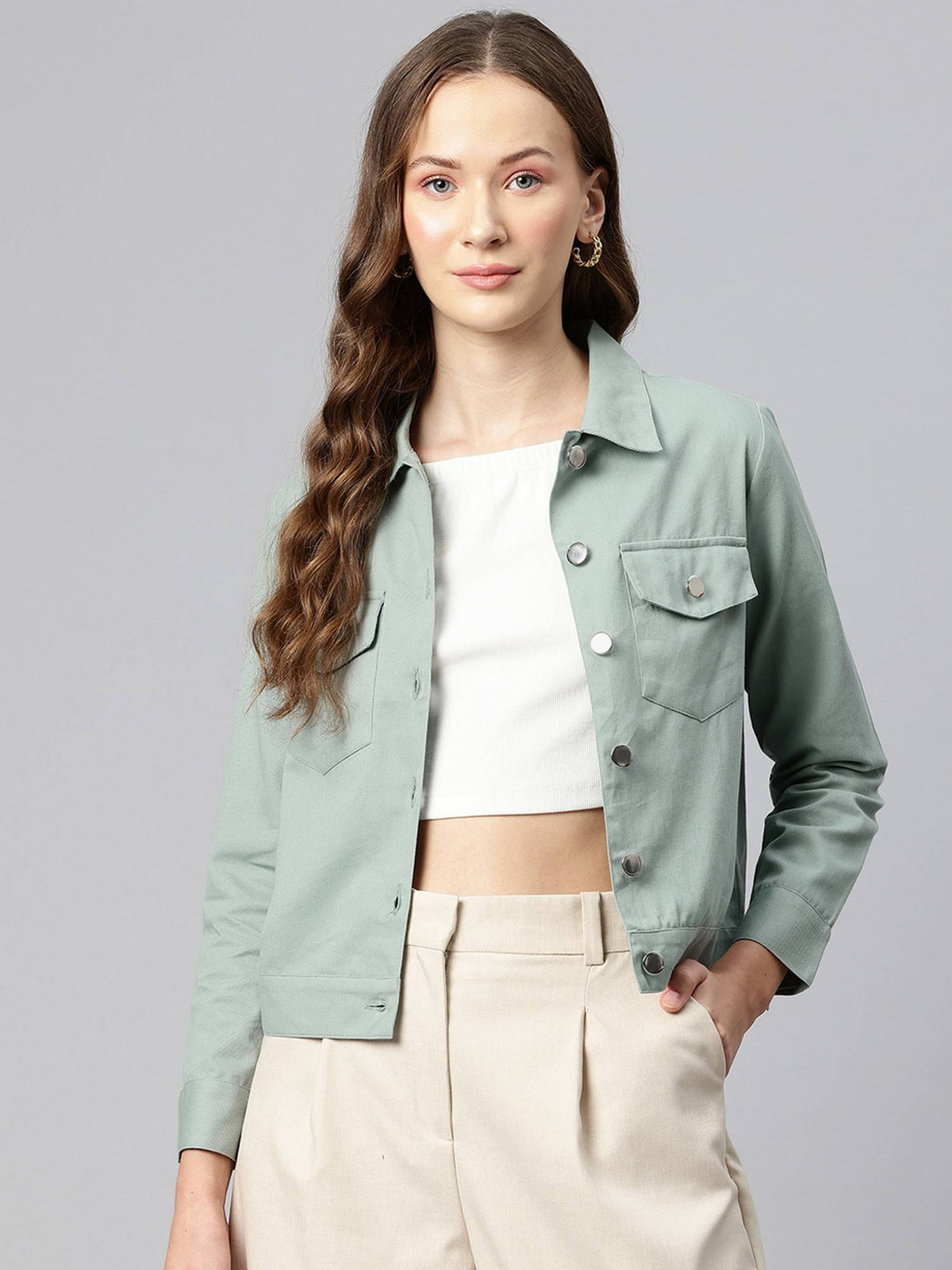 Women's Taupe Solid Pure Cotton Denim Jacket | JC78 - view 36