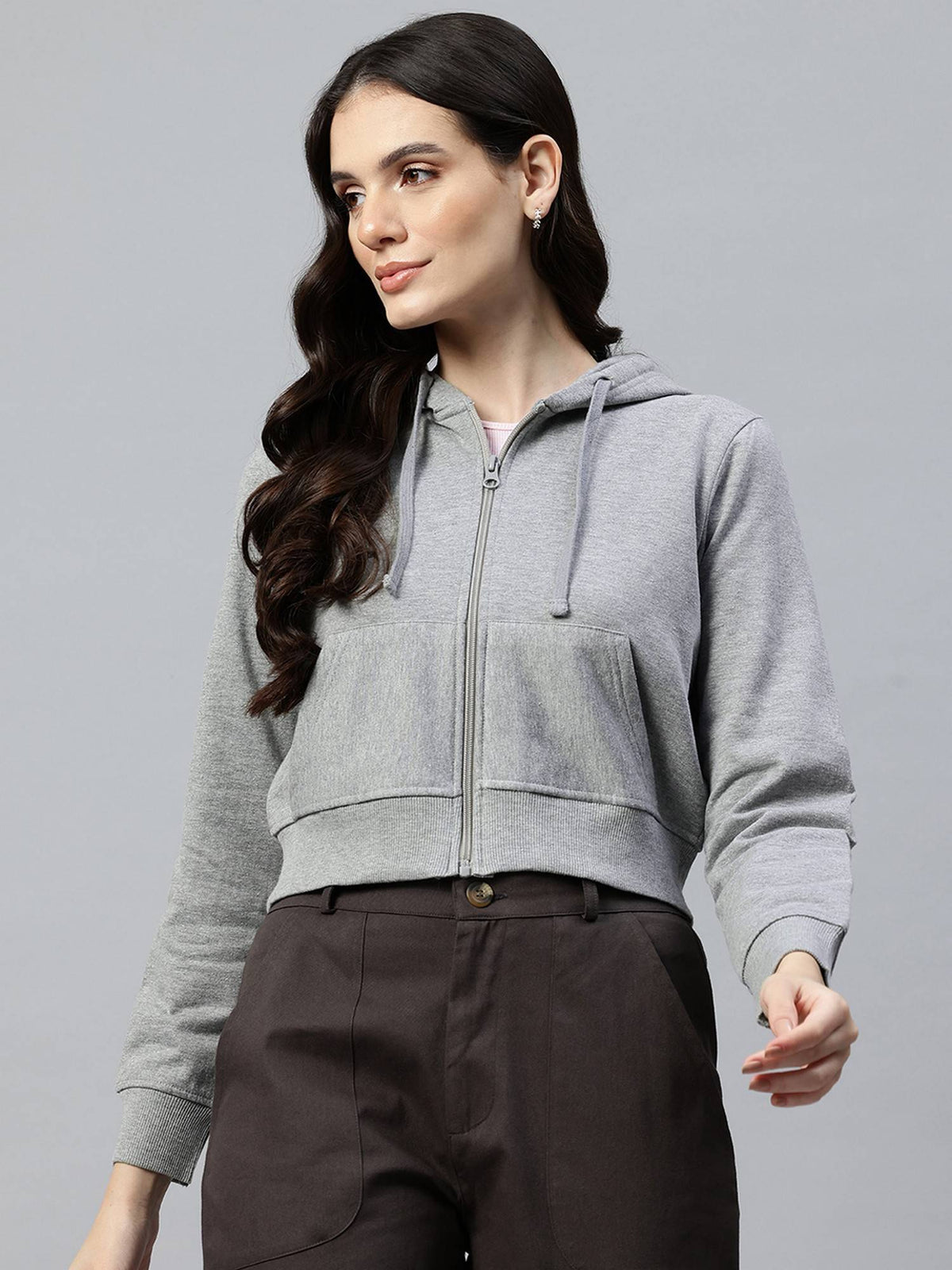Women's Solid Grey Melange Hooded Cropped Fleece Hoodie | SS90 - view 1