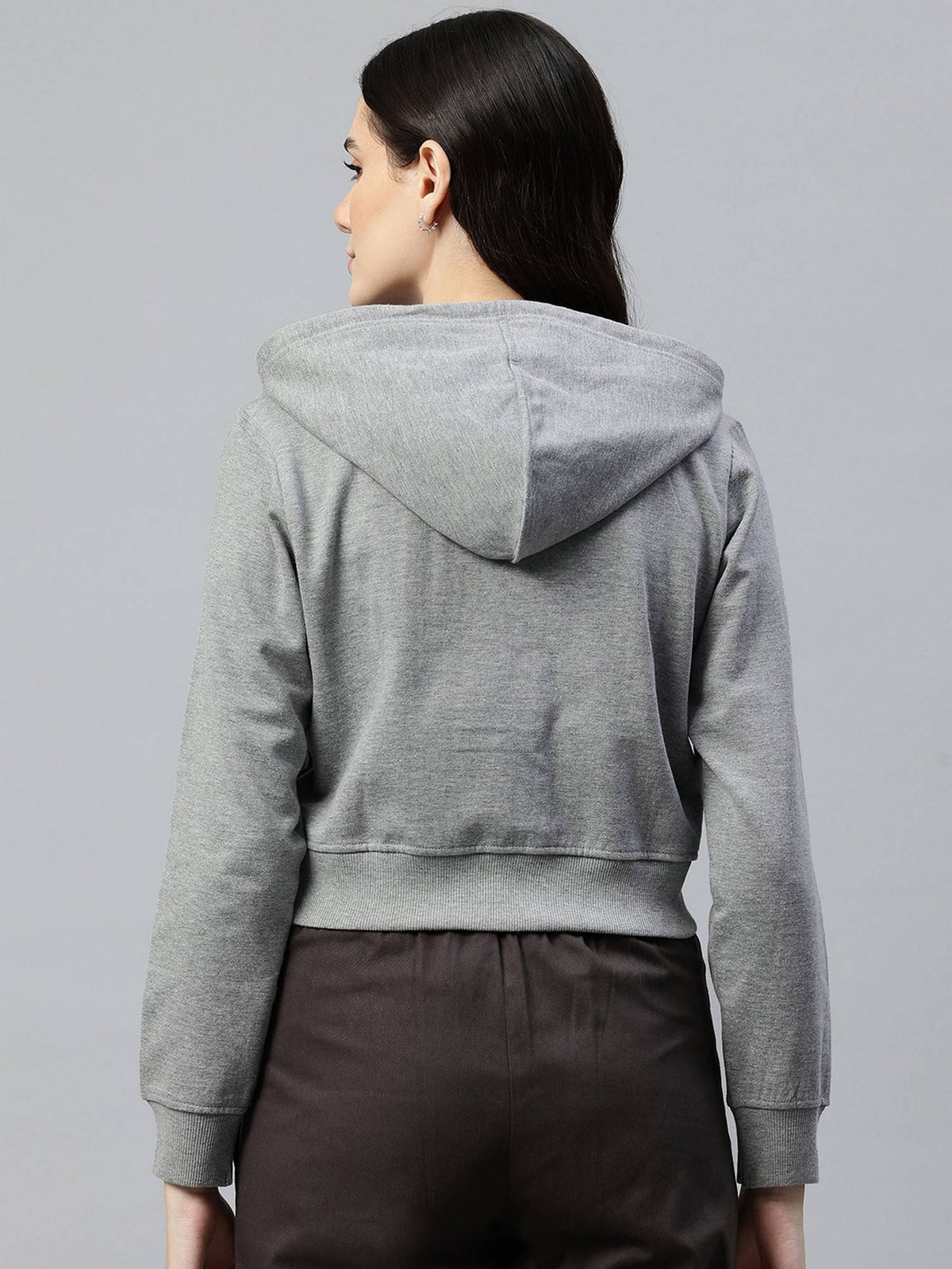 Women's Solid Grey Melange Hooded Cropped Fleece Hoodie | SS90 - view 2