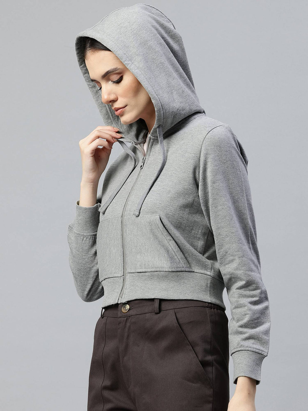 Women's Solid Grey Melange Hooded Cropped Fleece Hoodie | SS90 - view 3