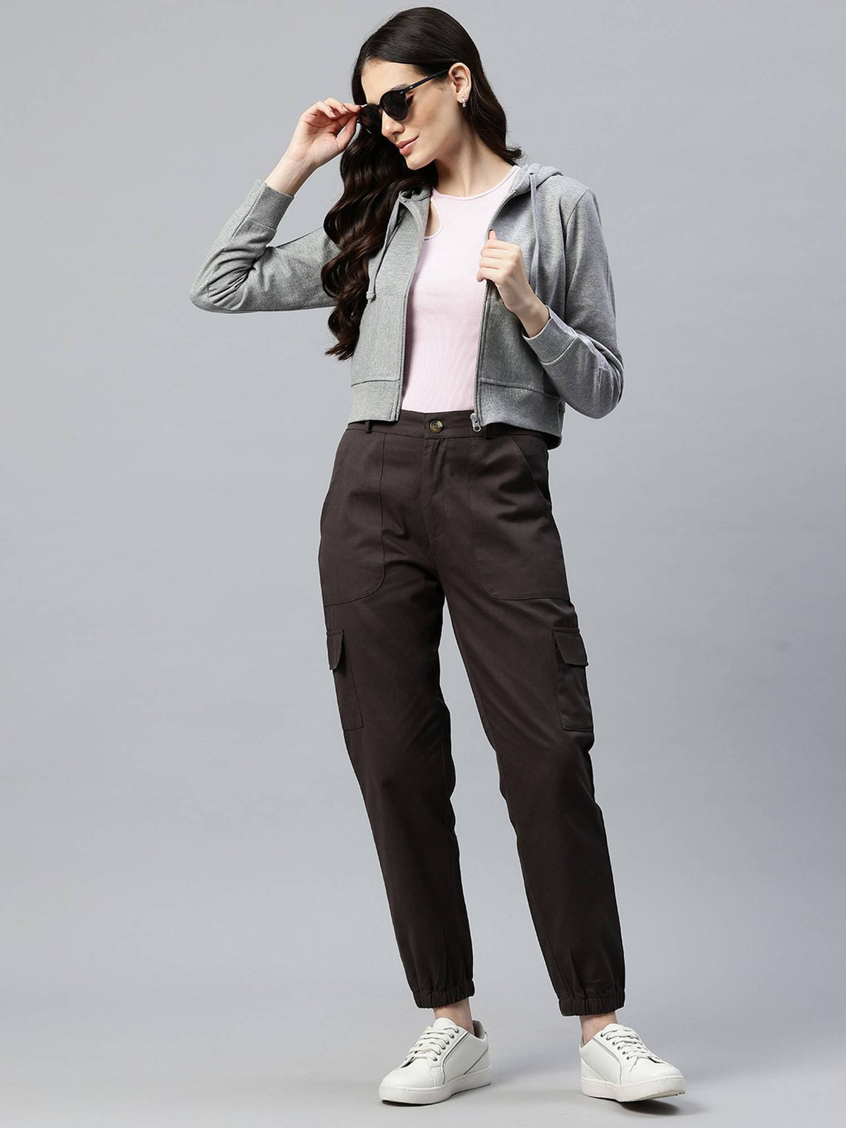 Women's Solid Grey Melange Hooded Cropped Fleece Hoodie | SS90 - view 5