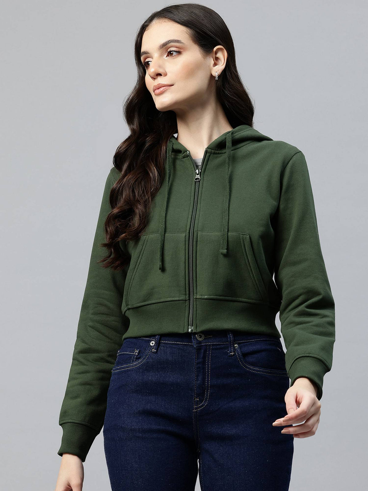 Women's Solid Grey Melange Hooded Cropped Fleece Hoodie | SS90 - view 11