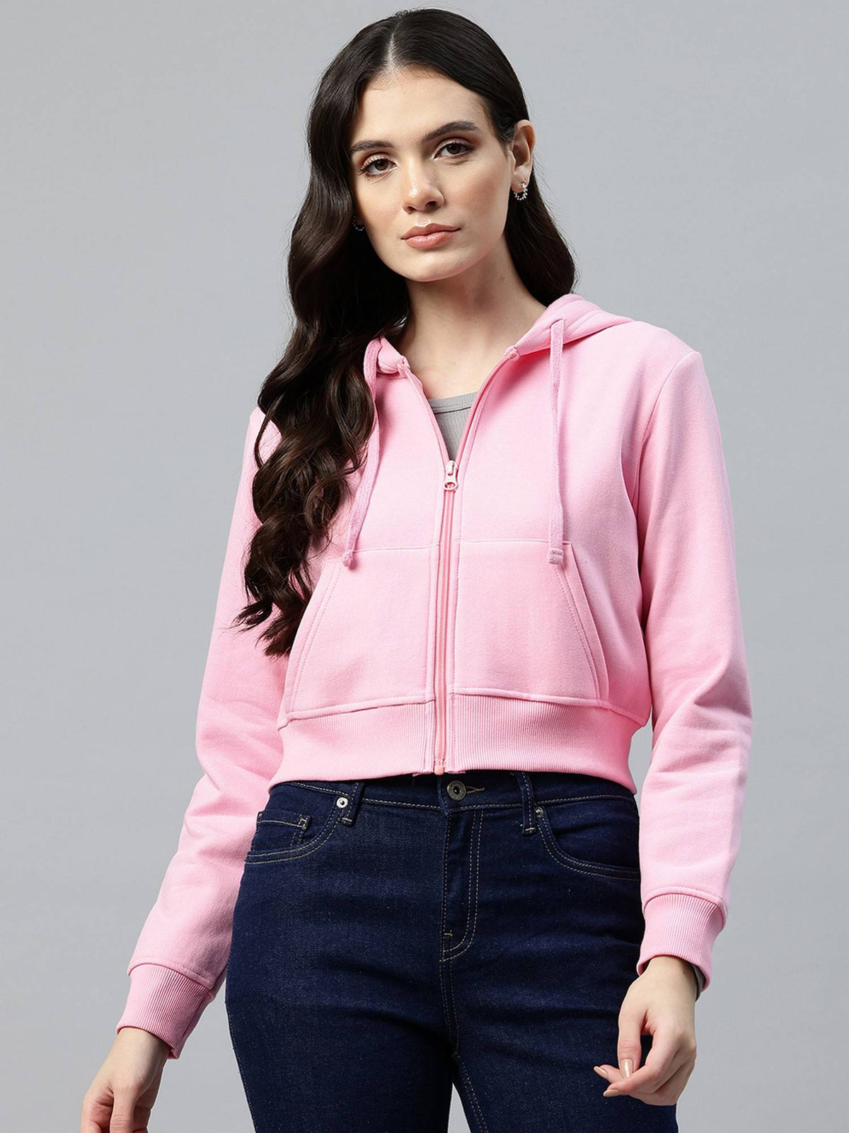Women's Solid Grey Melange Hooded Cropped Fleece Hoodie | SS90 - view 6