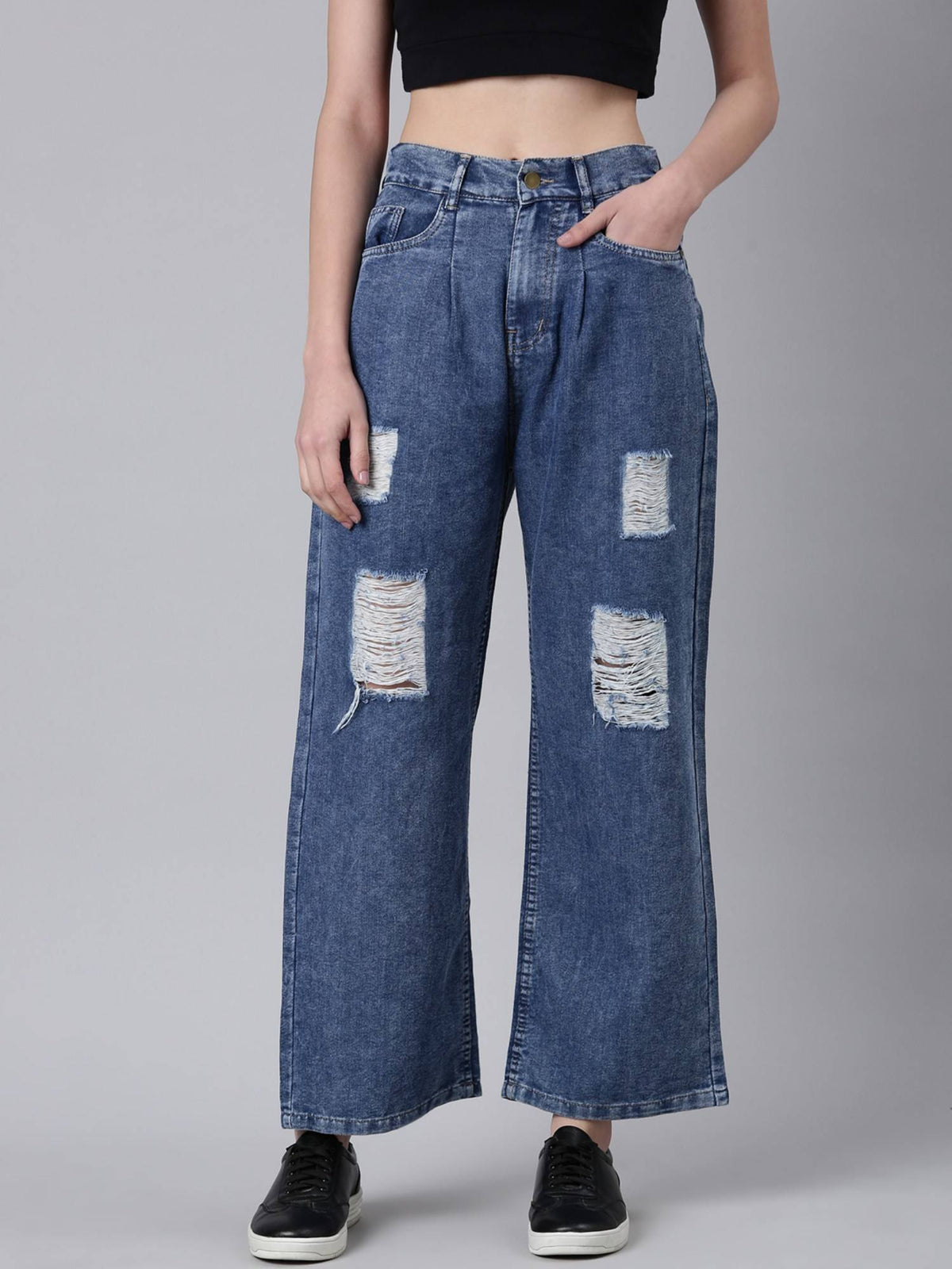 Women Highly Distressed Mid-Rise Blue Wide Leg Denim Jeans | BG78 - view 1