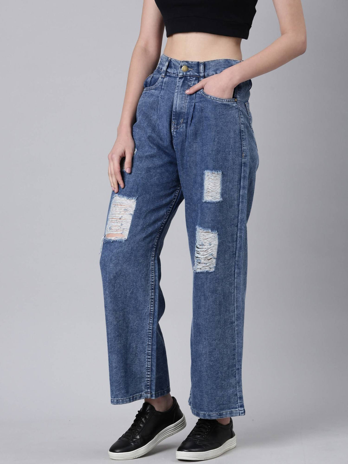 Women Highly Distressed Mid-Rise Blue Wide Leg Denim Jeans | BG78 - view 2