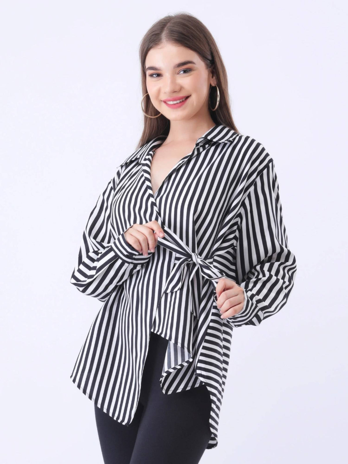 Black and White Stripe Side Tie-Up Shirt | S67 - view 1