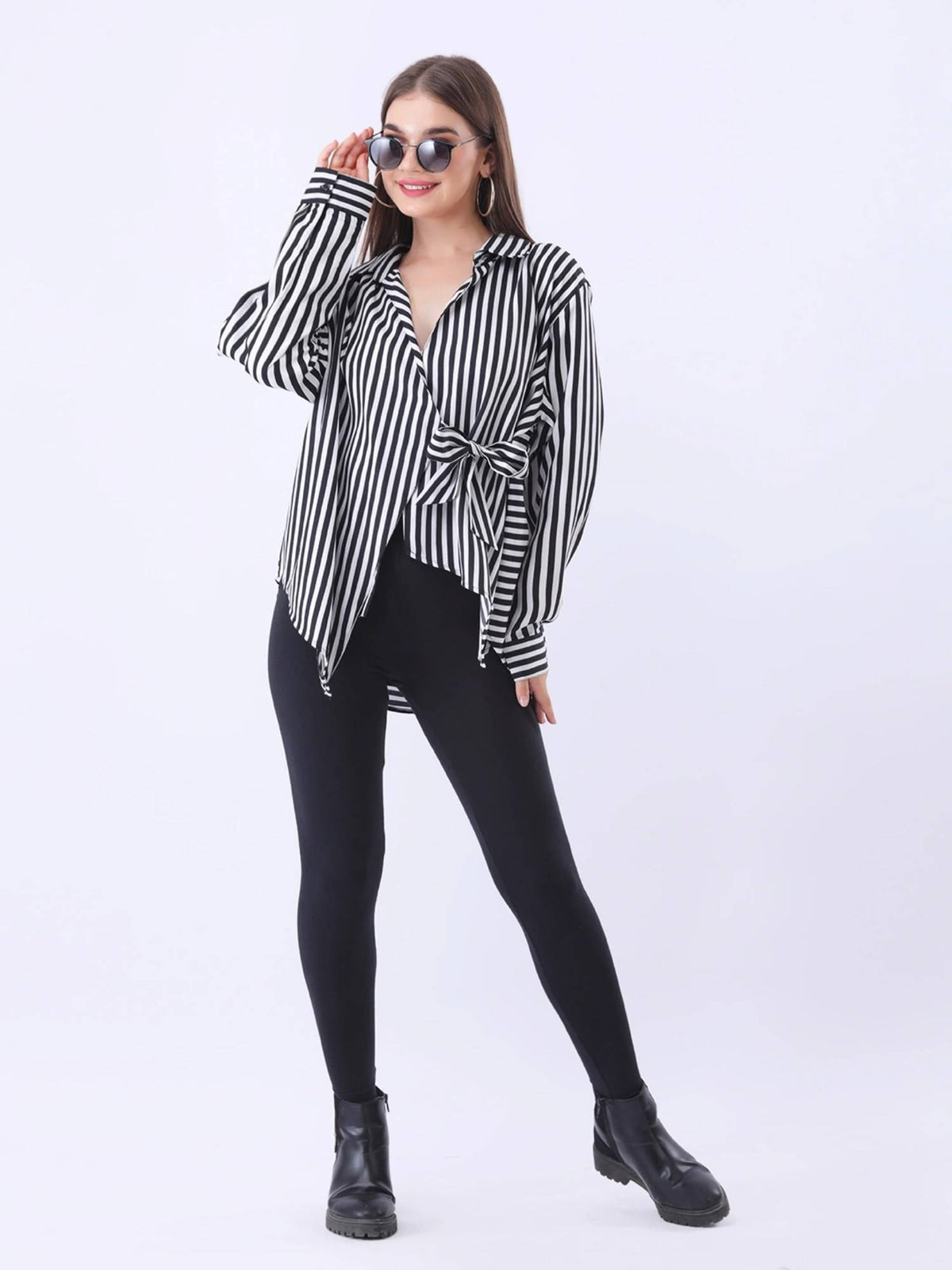 Black and White Stripe Side Tie-Up Shirt | S67 - view 4