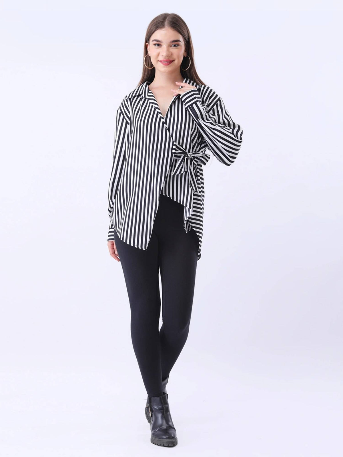 Black and White Stripe Side Tie-Up Shirt | S67 - view 5