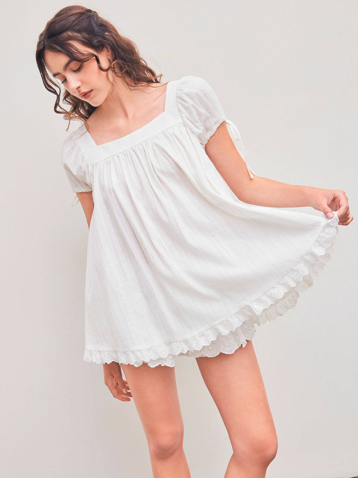Recycled Cotton Square Neck Solid Ruffle Knotted Short Sleeve Blouse Top | S67 - view 1