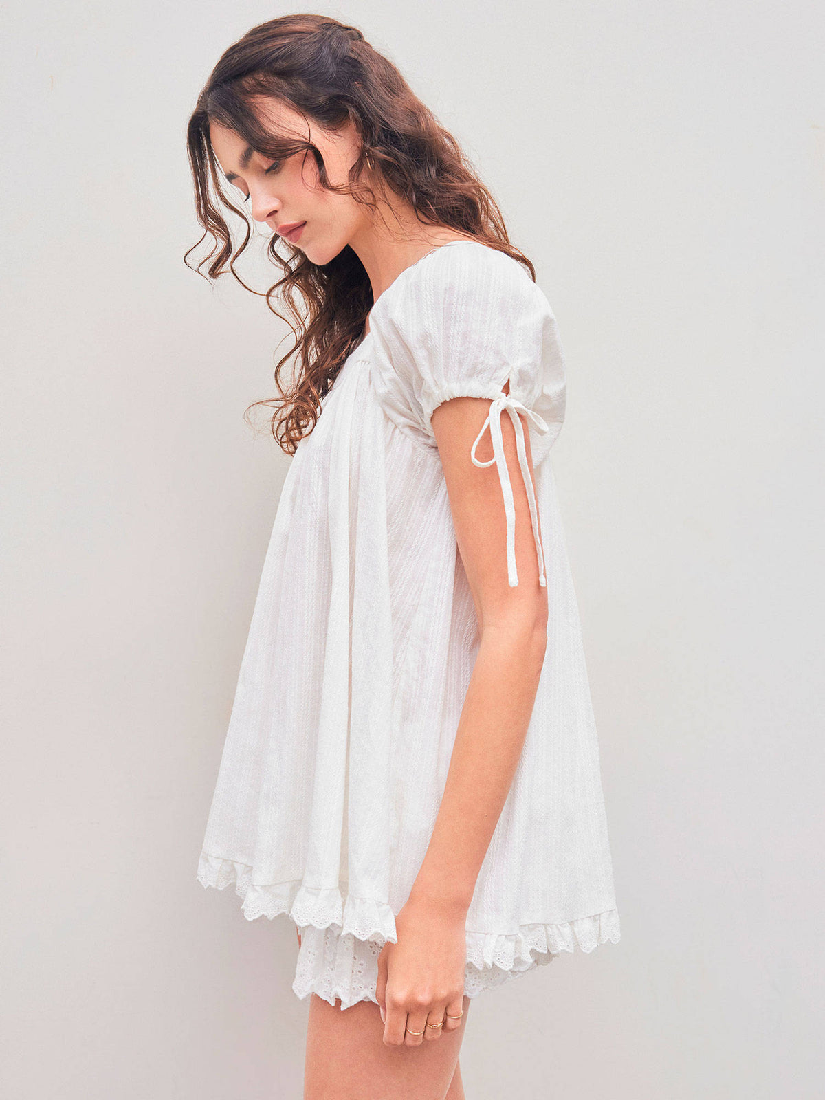 Recycled Cotton Square Neck Solid Ruffle Knotted Short Sleeve Blouse Top | S67 - view 5