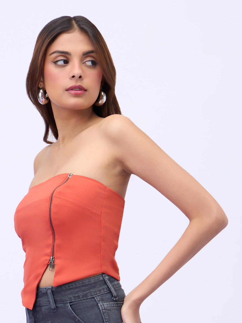Rust Solid Front Zipper Asymmetric Tube Top | TT90 - view 3