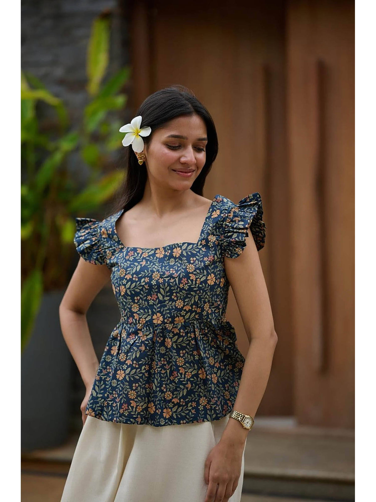 Dahlia Blue Floral Peplum Top | pt51 - view 1