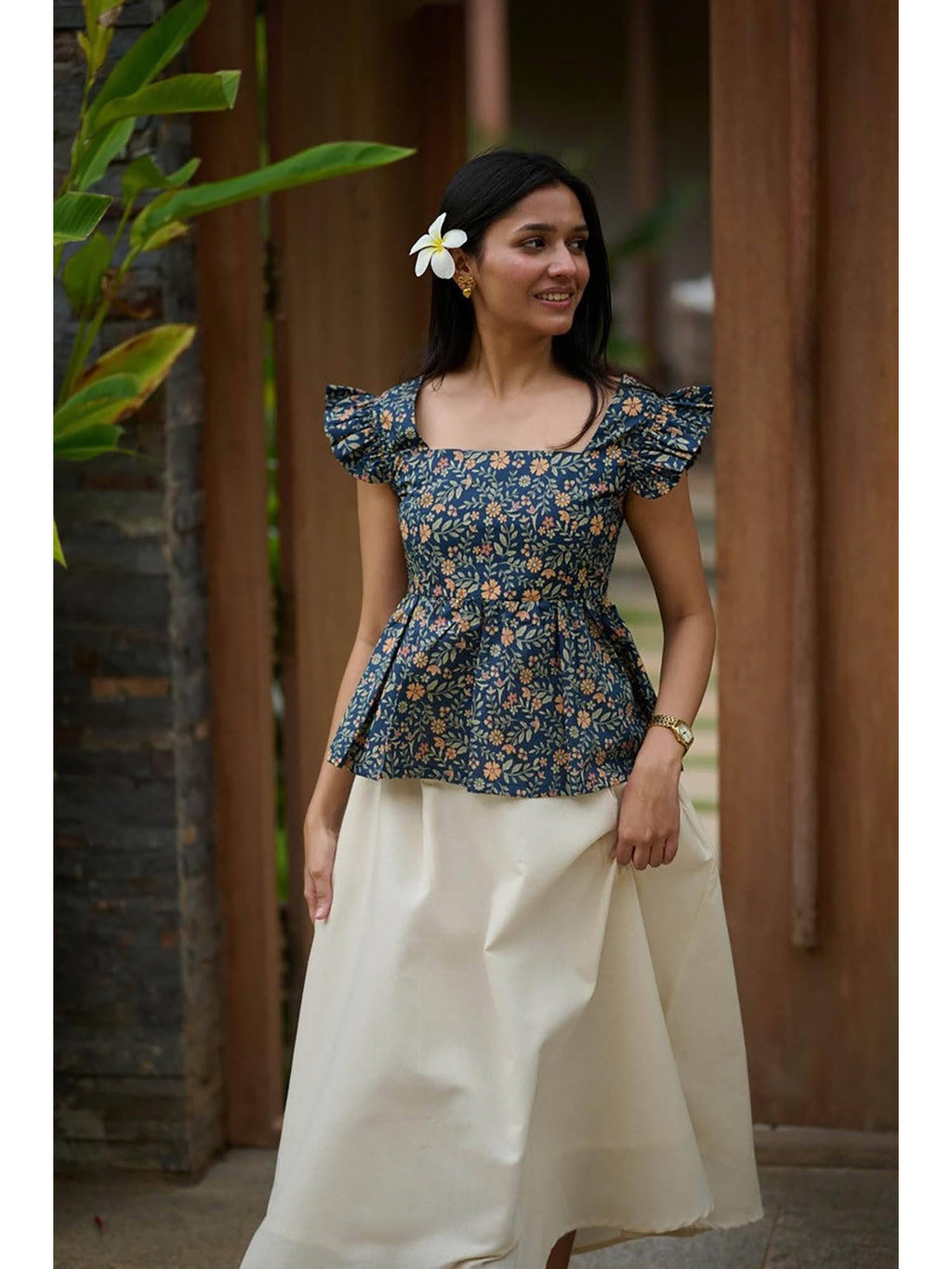 Dahlia Blue Floral Peplum Top | pt51 - view 2