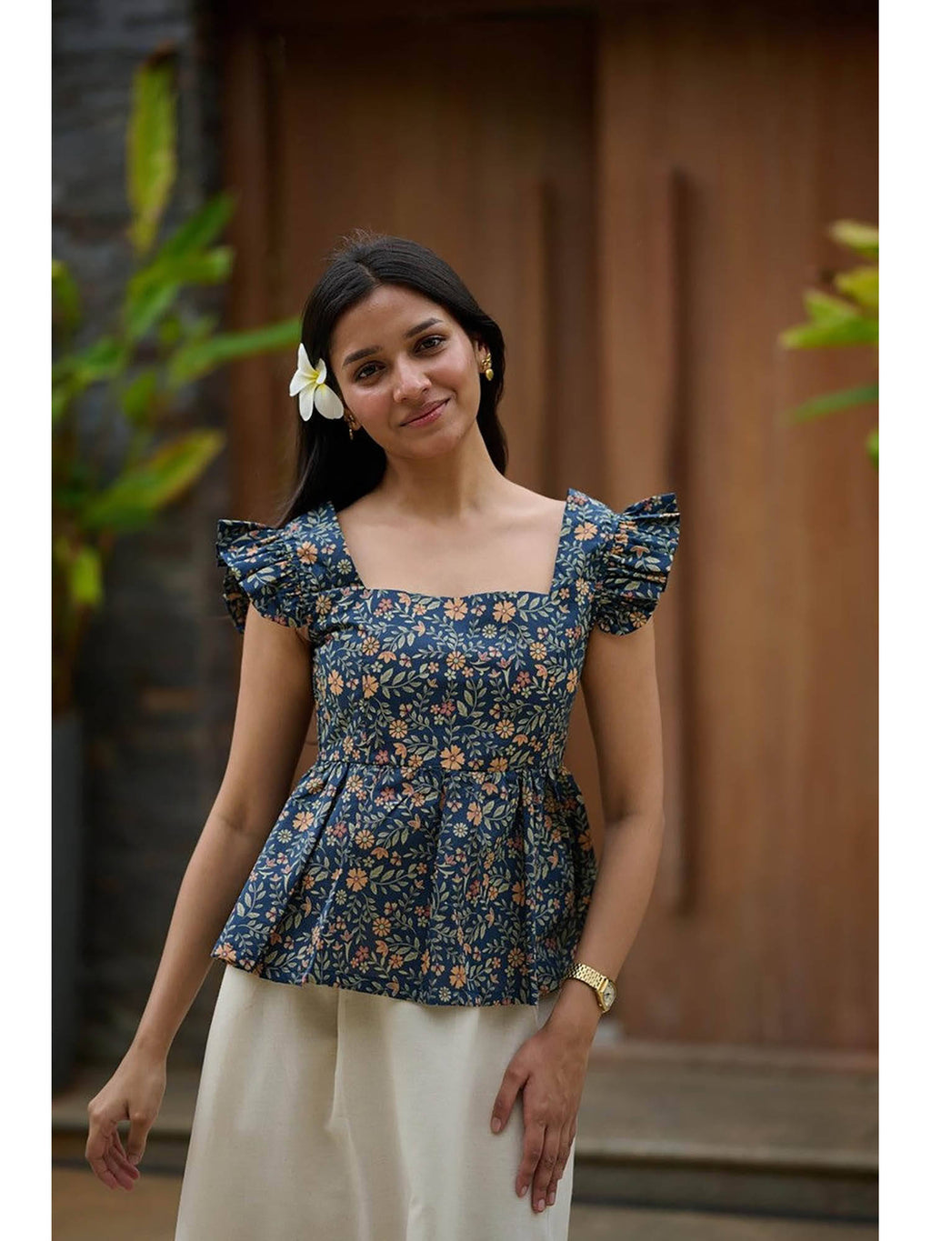 Dahlia Blue Floral Peplum Top | pt51 - view 3