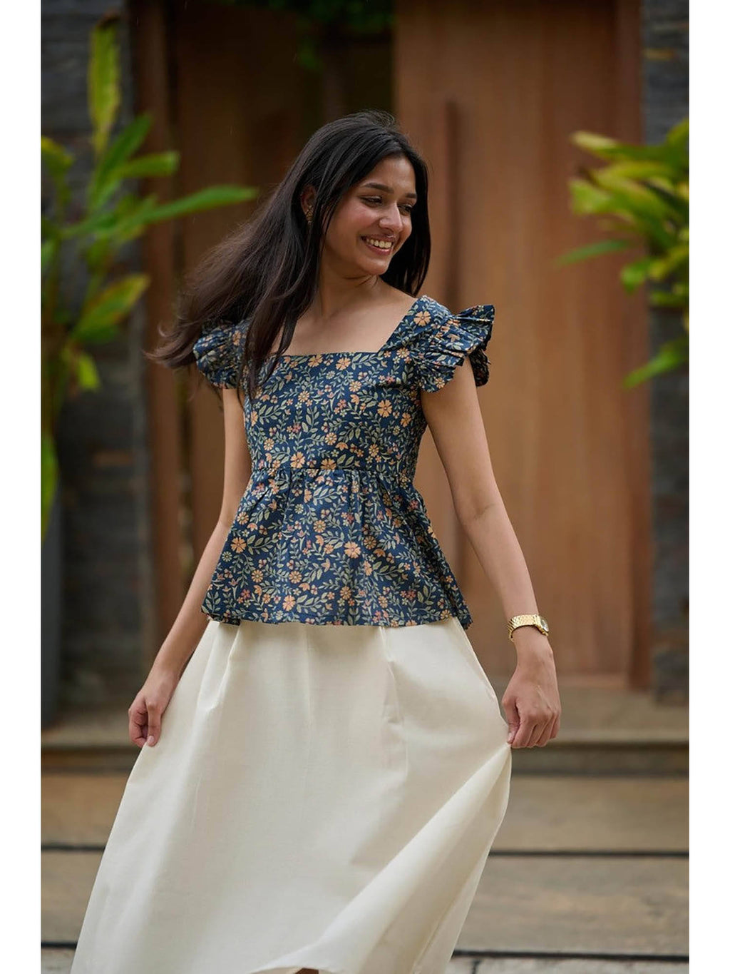 Dahlia Blue Floral Peplum Top | pt51 - view 4