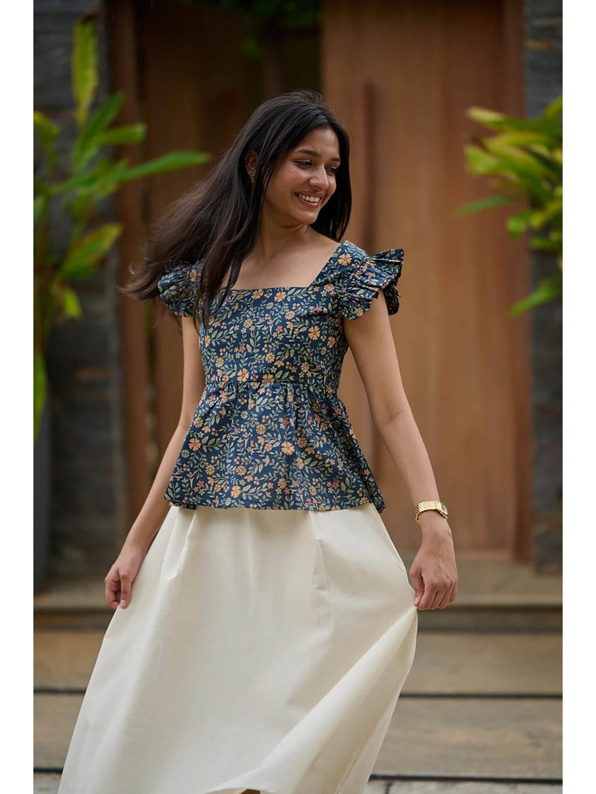 Dahlia Blue Floral Peplum Top | pt51 - view 4