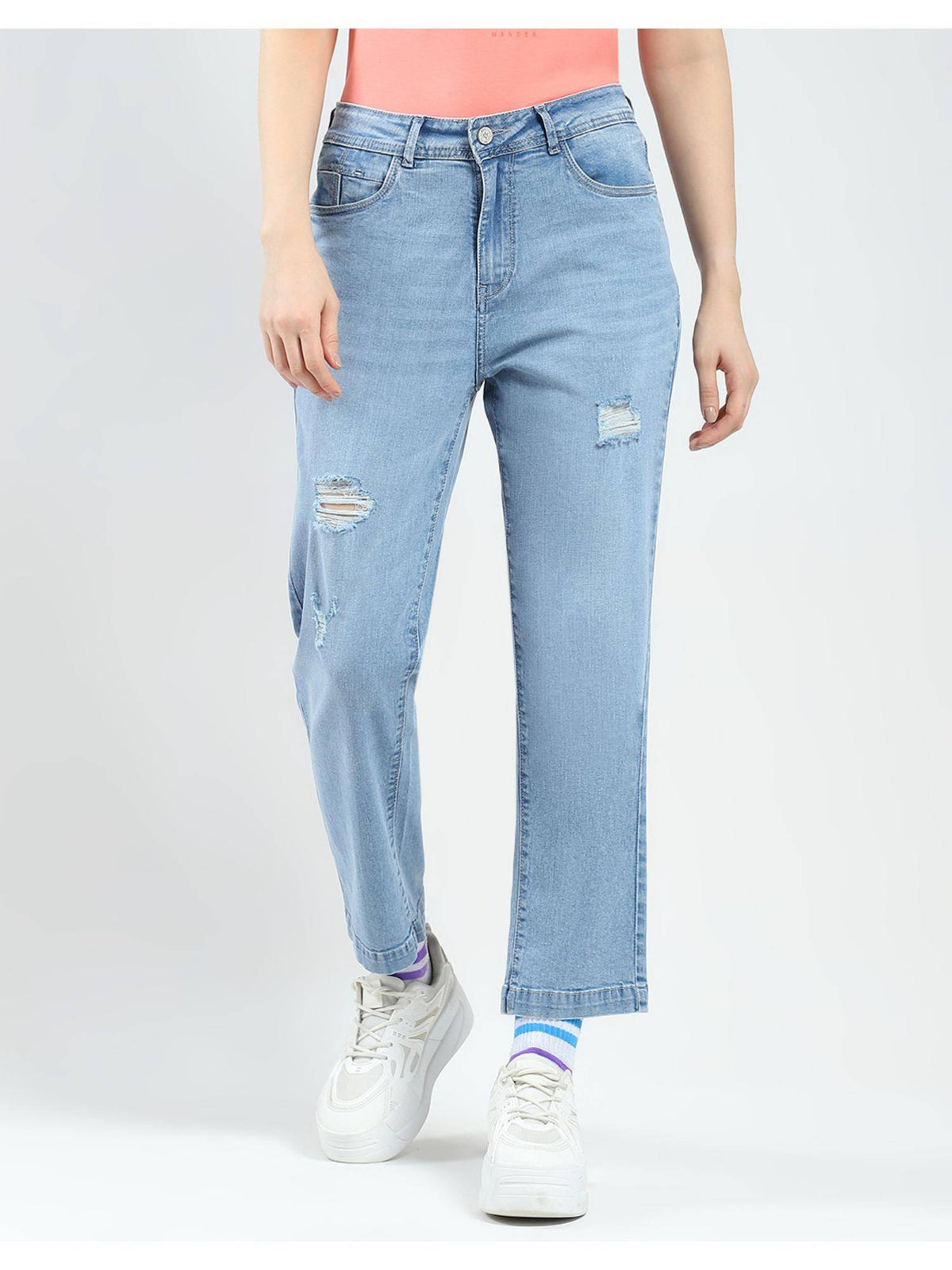 Womens Blue Solid Straight Fit Jeans | ST23 - view 1