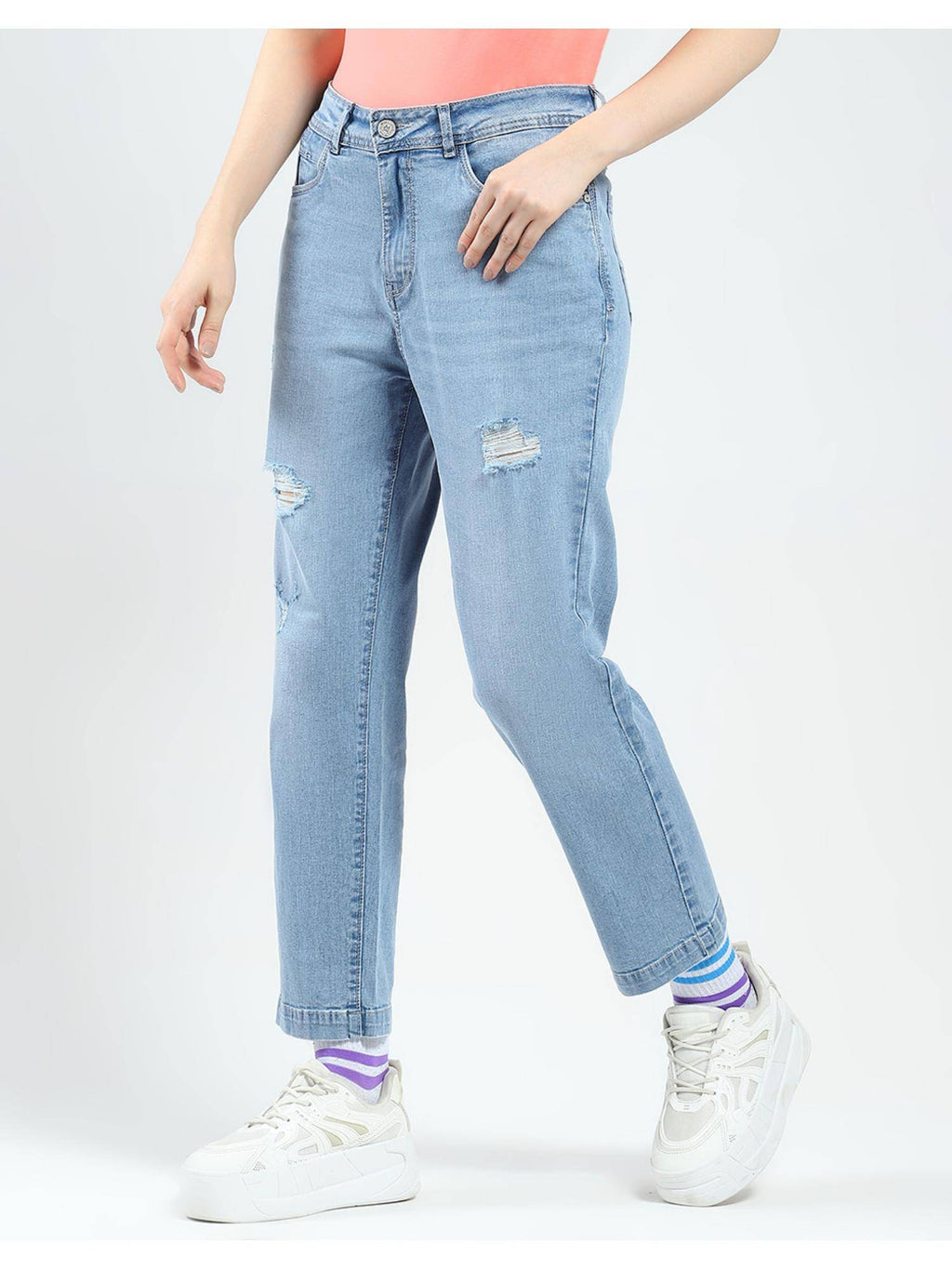 Womens Blue Solid Straight Fit Jeans | ST23 - view 2