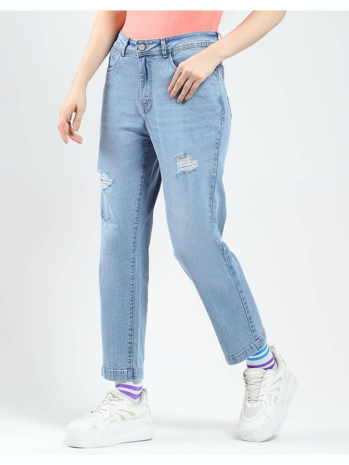 Womens Blue Solid Straight Fit Jeans | ST23 - view 2