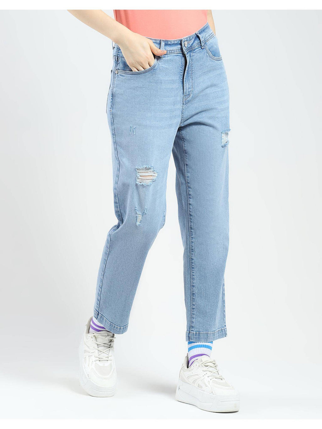 Womens Blue Solid Straight Fit Jeans | ST23 - view 3