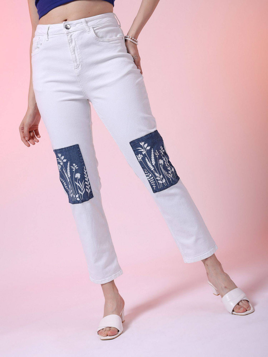 Women Straight Fit Solid Mid Rise White Jeans | ST23 - view 1
