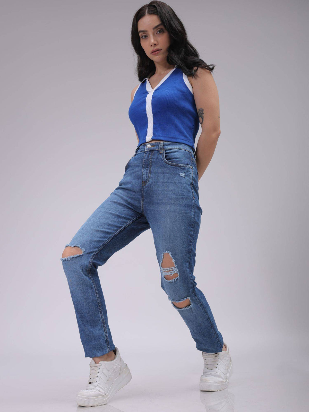 Women Straight Fit Solid High Rise Blue Jeans | ST23 - view 6
