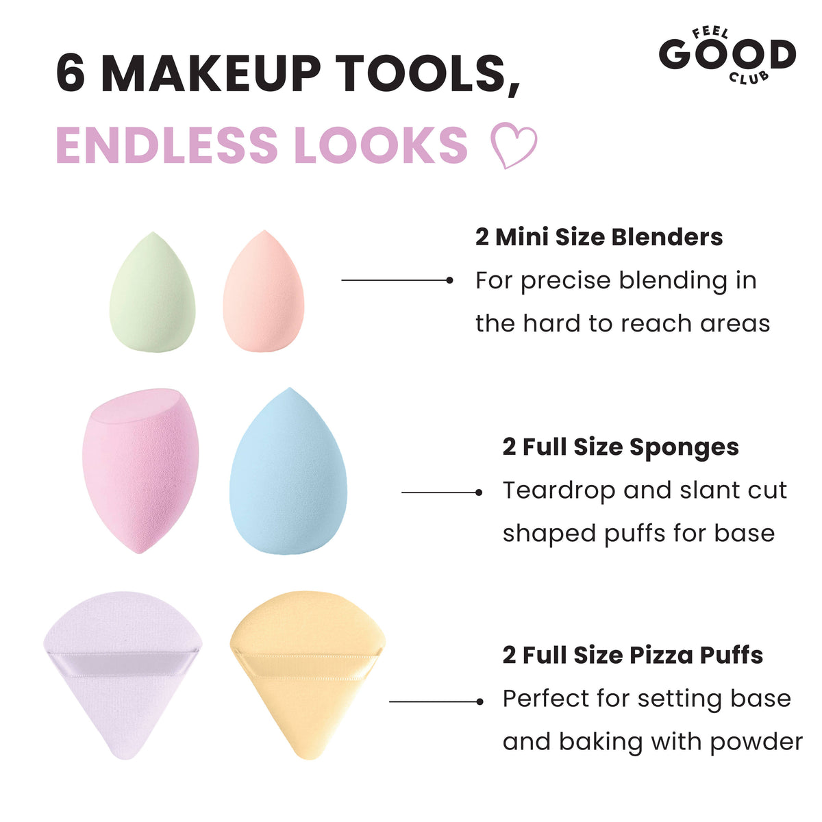 6 Pc Makeup Applicators in Mixed Colours- Beauty Sponge Blenders & Pizza Powder Puffs | C83 - view 2