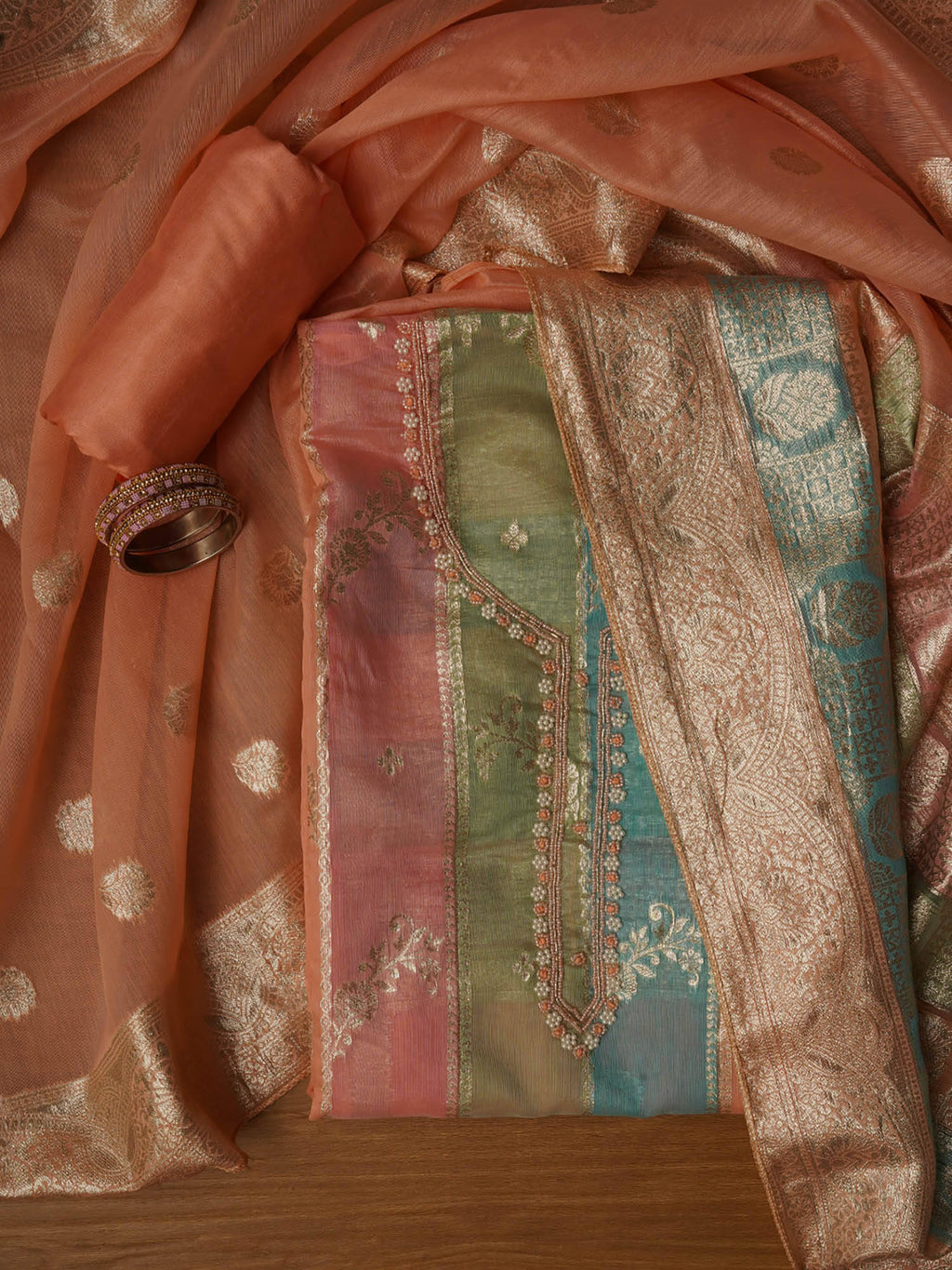 Pink Zari Embellished Unstitched Kurta and Unstitched Bottom with Dupatta (Set of 3) | D56 - view 16