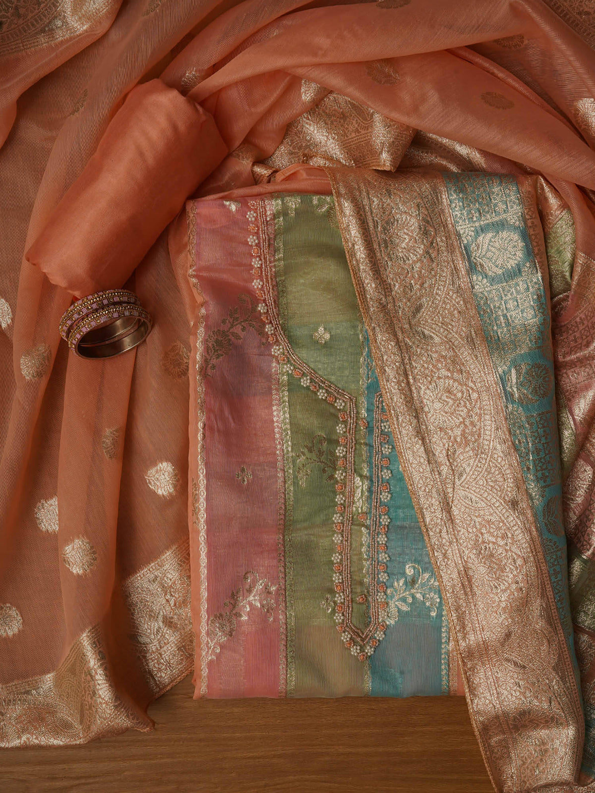 Pink Zari Embellished Unstitched Kurta and Unstitched Bottom with Dupatta (Set of 3) | D56 - view 16
