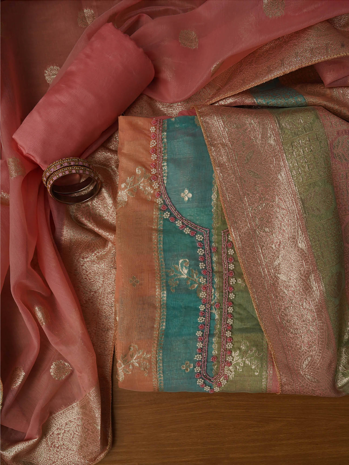 Pink Zari Embellished Unstitched Kurta and Unstitched Bottom with Dupatta (Set of 3) | D56 - view 1