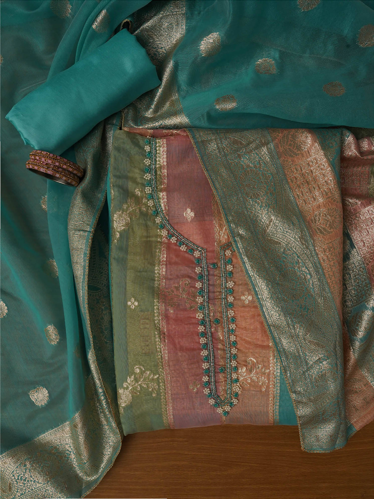 Pink Zari Embellished Unstitched Kurta and Unstitched Bottom with Dupatta (Set of 3) | D56 - view 6