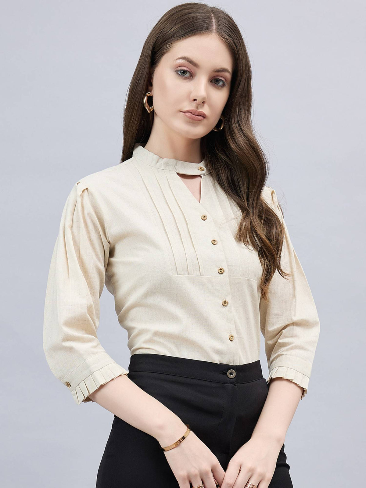 Women Solid Beige Linen Puff Sleeve Regular Formal Shirt | S67 - view 1