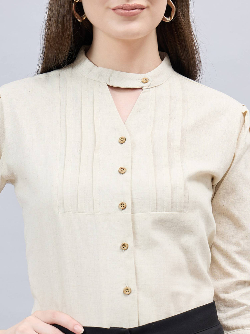 Women Solid Beige Linen Puff Sleeve Regular Formal Shirt | S67 - view 2