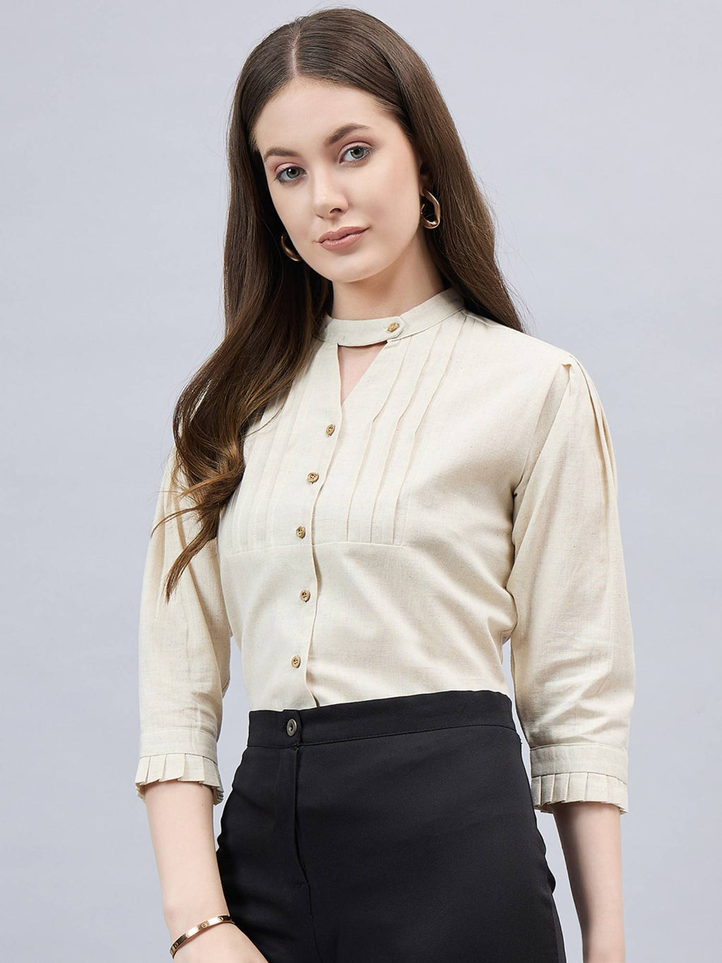 Women Solid Beige Linen Puff Sleeve Regular Formal Shirt | S67 - view 3