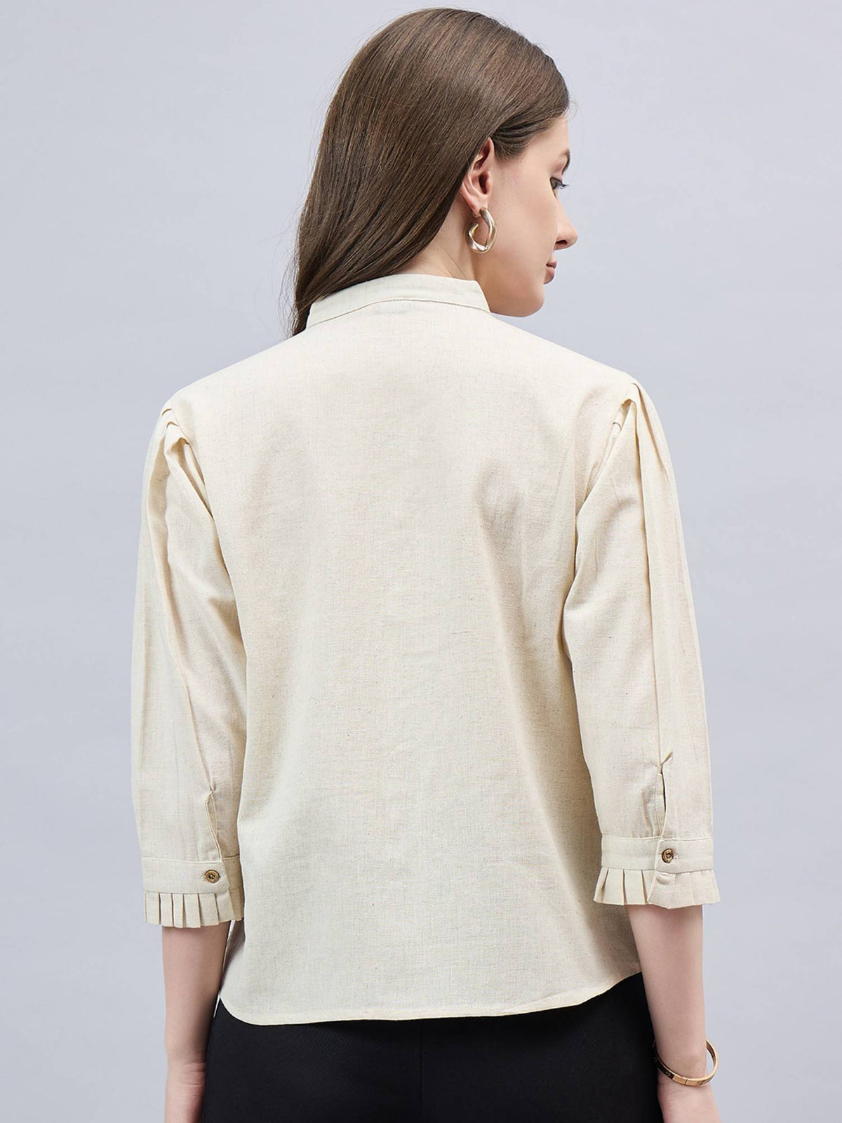 Women Solid Beige Linen Puff Sleeve Regular Formal Shirt | S67 - view 4