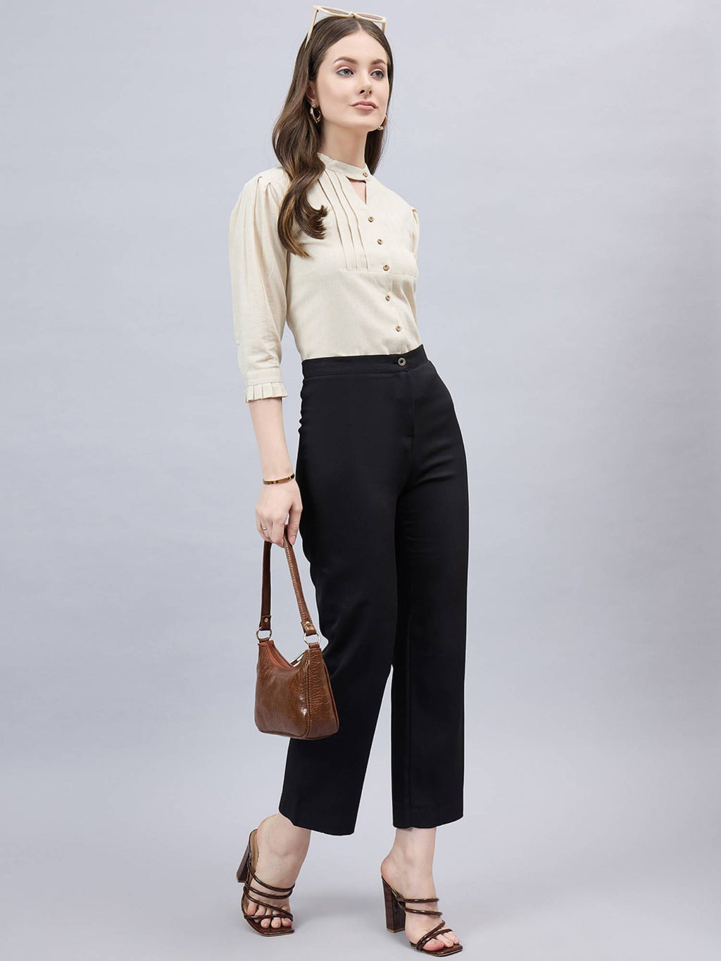 Women Solid Beige Linen Puff Sleeve Regular Formal Shirt | S67 - view 5