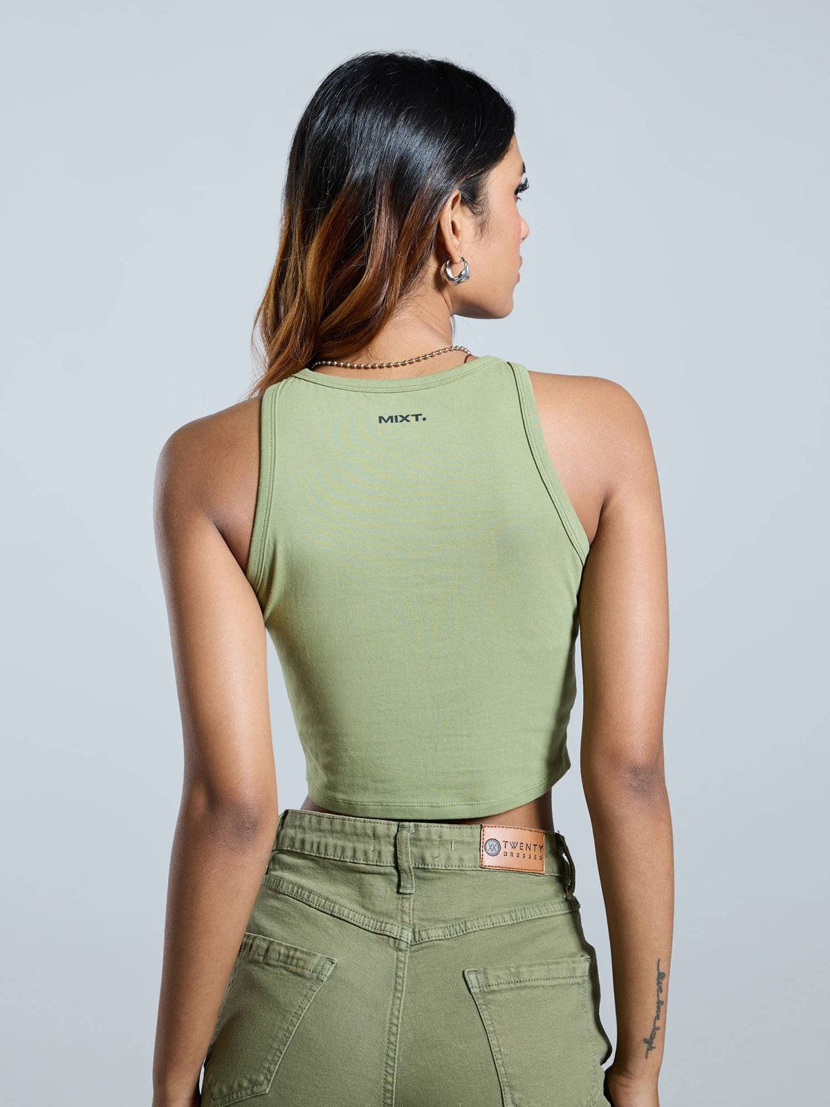 Olive Green and Black Bow Graphic Printed Tank Top | TT98 - view 2