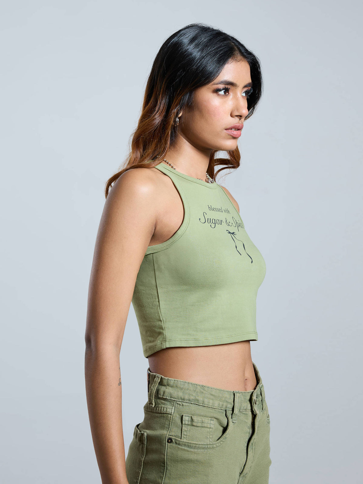 Olive Green and Black Bow Graphic Printed Tank Top | TT98 - view 3