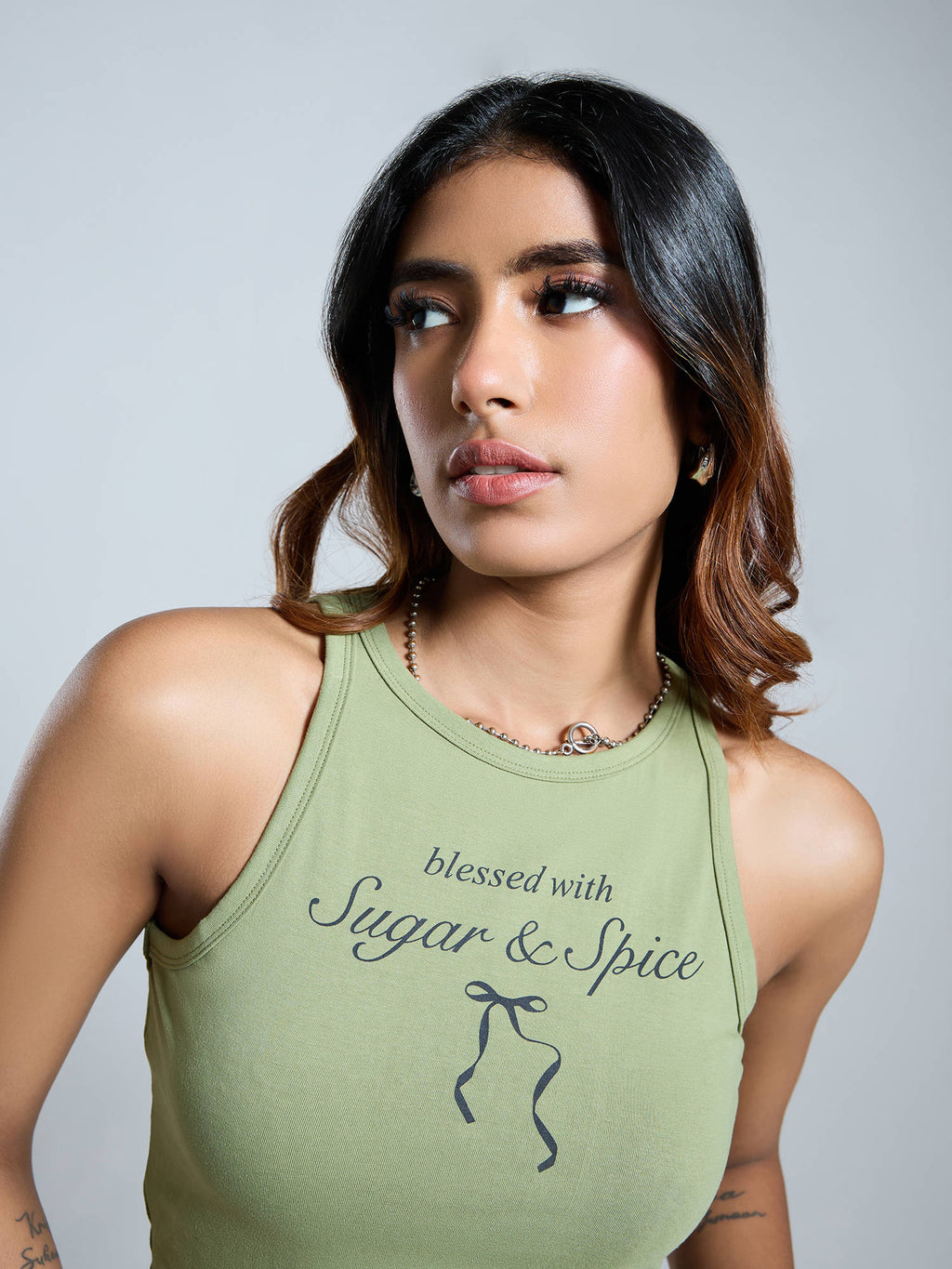 Olive Green and Black Bow Graphic Printed Tank Top | TT98 - view 5