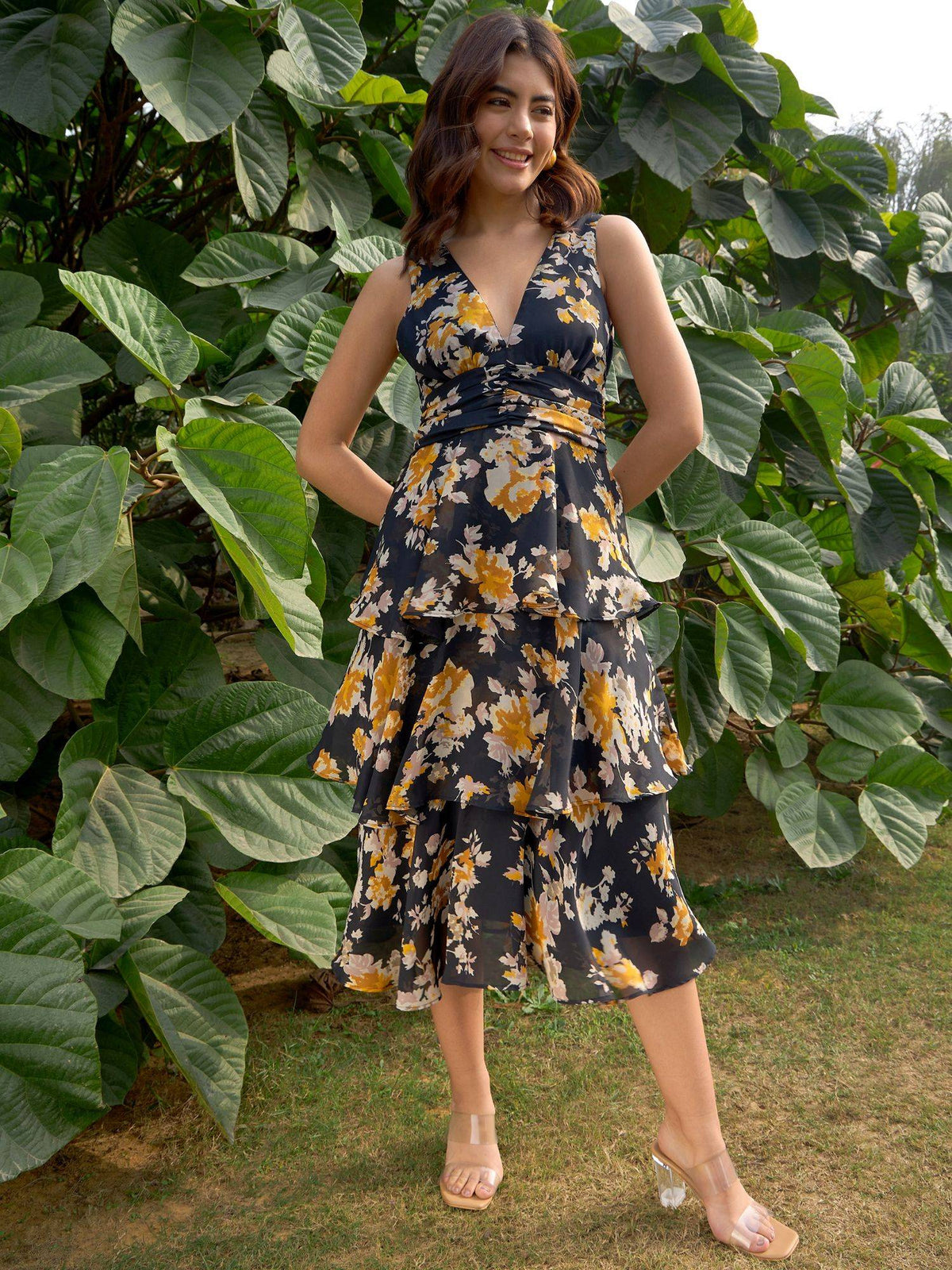 Women Black V-Neck Floral Printed Midi Dress | D56 - view 1
