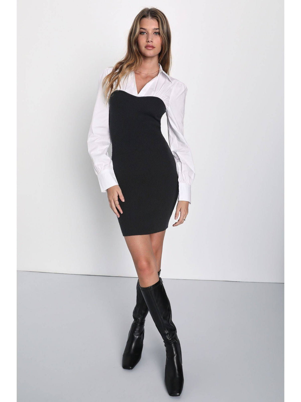 Women Black Collar Neck Colorblock Mini Dress | D56 - view 1