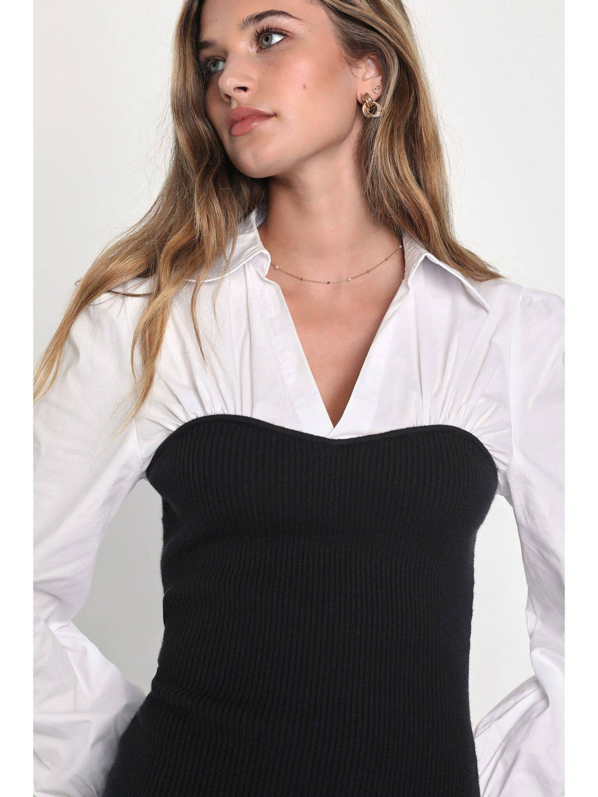 Women Black Collar Neck Colorblock Mini Dress | D56 - view 3