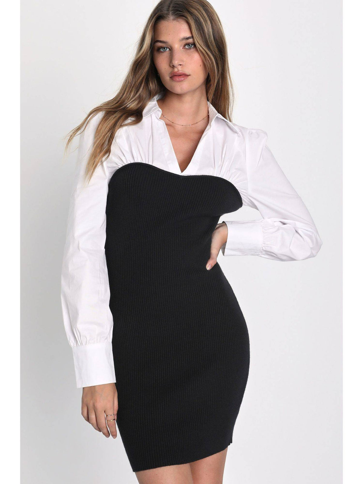Women Black Collar Neck Colorblock Mini Dress | D56 - view 4