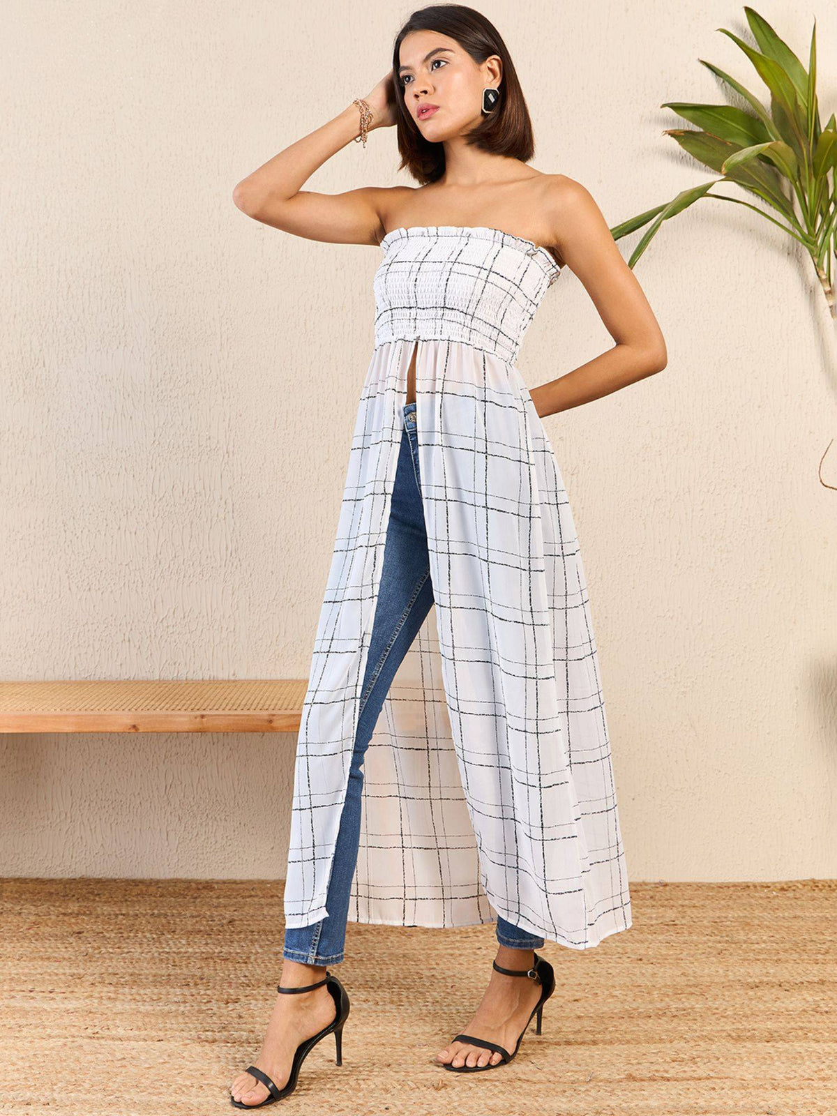 Women White Strapless/Tube Checks Top | TT90 - view 2