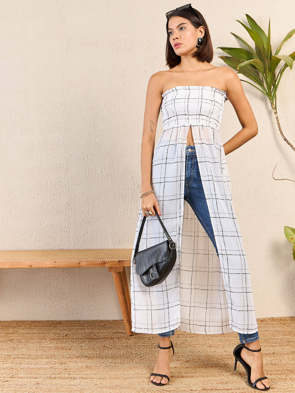 Women White Strapless/Tube Checks Top | TT90 - view 5