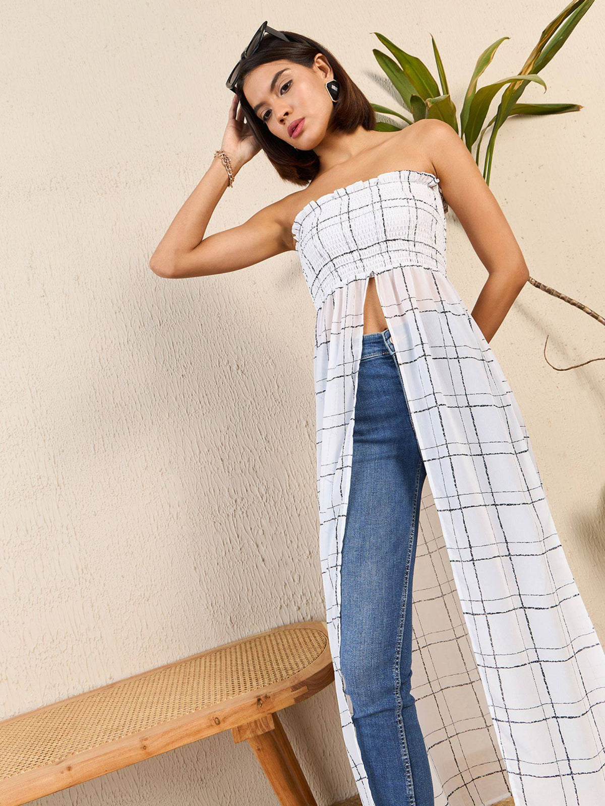 Women White Strapless/Tube Checks Top | TT90 - view 6