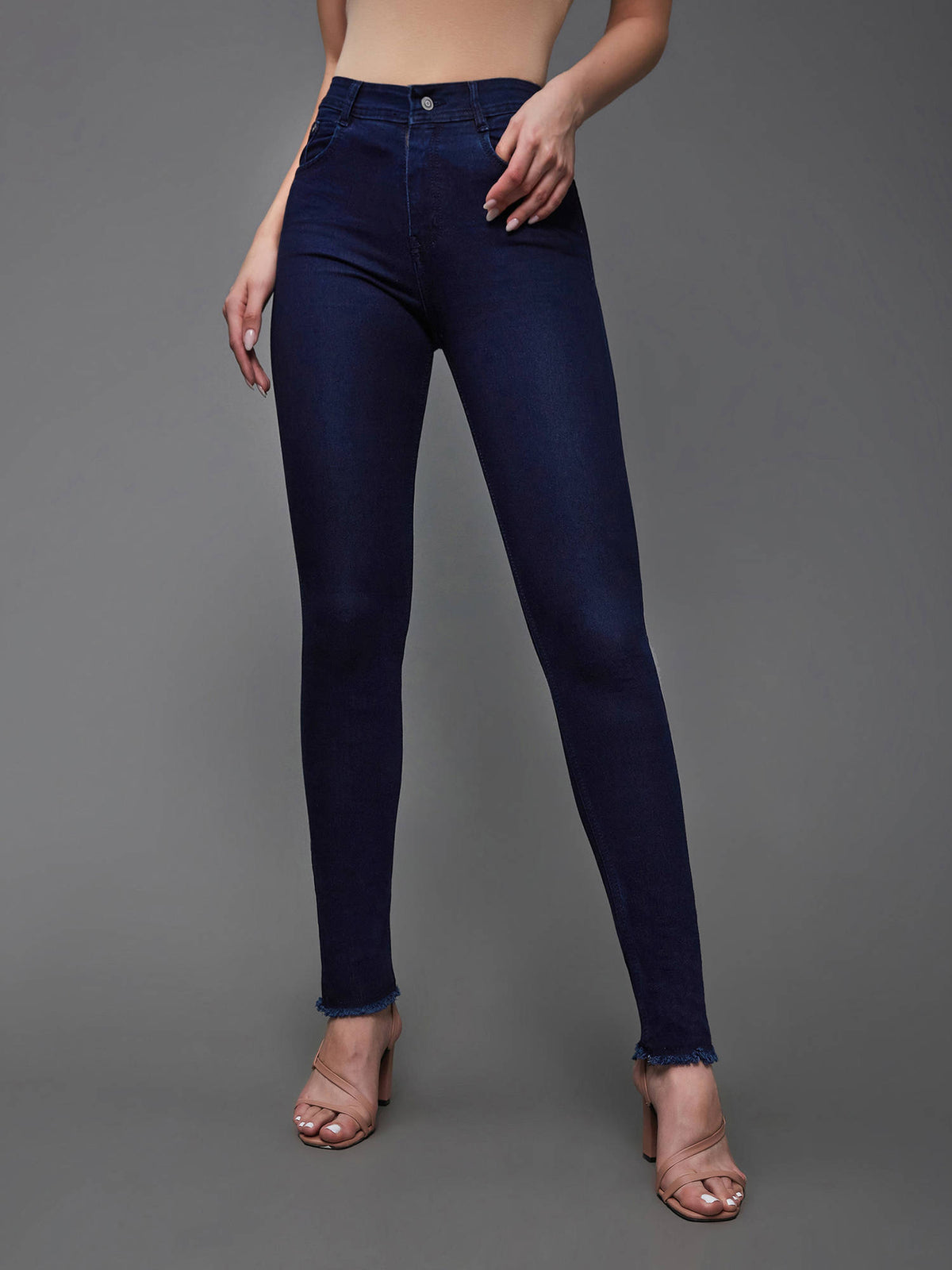 Women's Navy Blue Mid Rise Solid Stretchable Denim Jeans | RF89 - view 1
